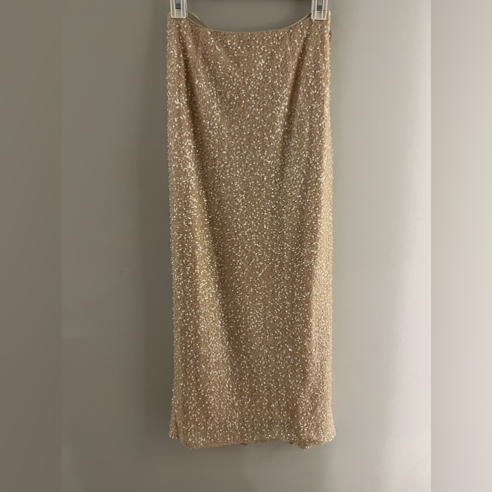 Boutique Champagne Sequin and Pearl Midi Skirt